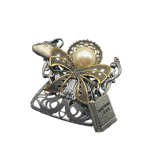 Vintage Assemblage Handmade Angel w Shopping Bag Pin Brooch Filigree Components - Picture 1 of 5